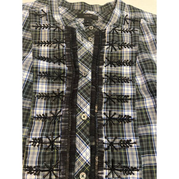 J. Crew Womens embellished beadwork button up, tartan plaid, long sleeve shirt. - Picture 7 of 12